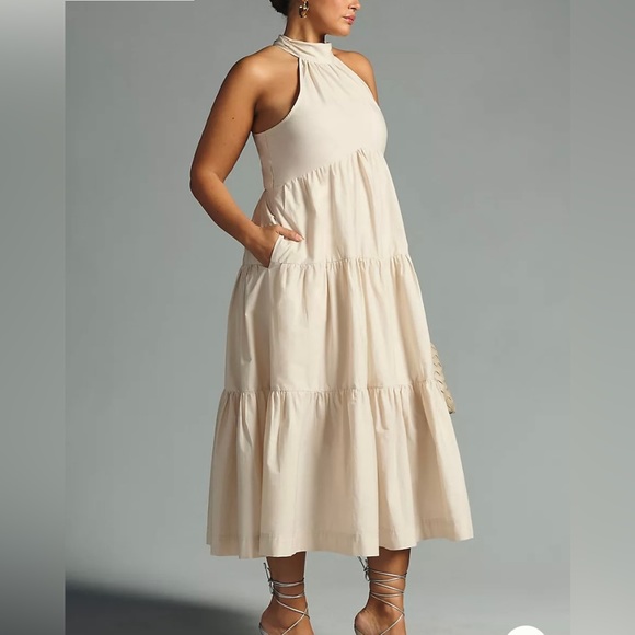 ANTHROPOLOGIE MAEVE SLEEVELESS TIERED HALTER MIDI DRESS COLOR OYSTER SIZE 8P NWT - Picture 4 of 16